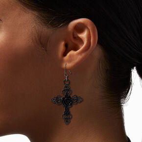 Black Rose Cross 2&quot; Drop Earrings,