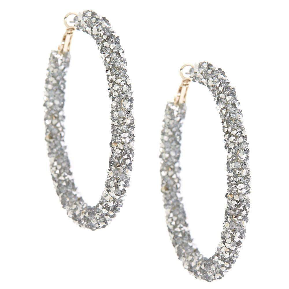 Silver 60MM Crystal Hoop Earrings Claire s