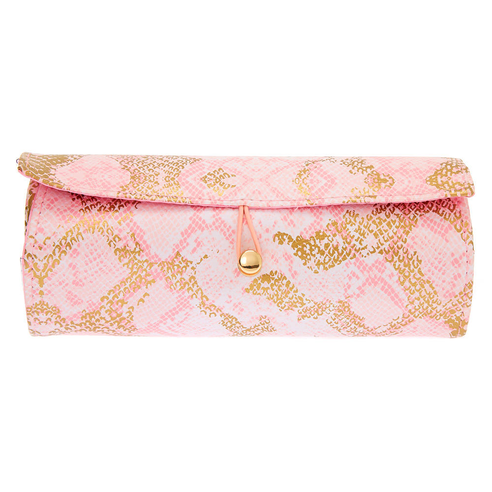 Snakeskin Roll Out Travel Makeup Bag Pink