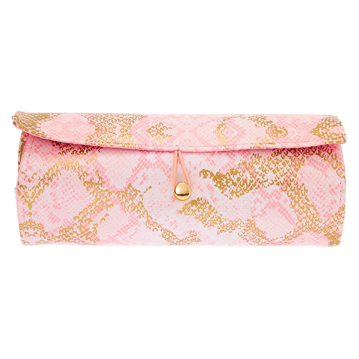 Trousse de maquillage de voyage qui s&rsquo;enroule peau de serpent - Rose,