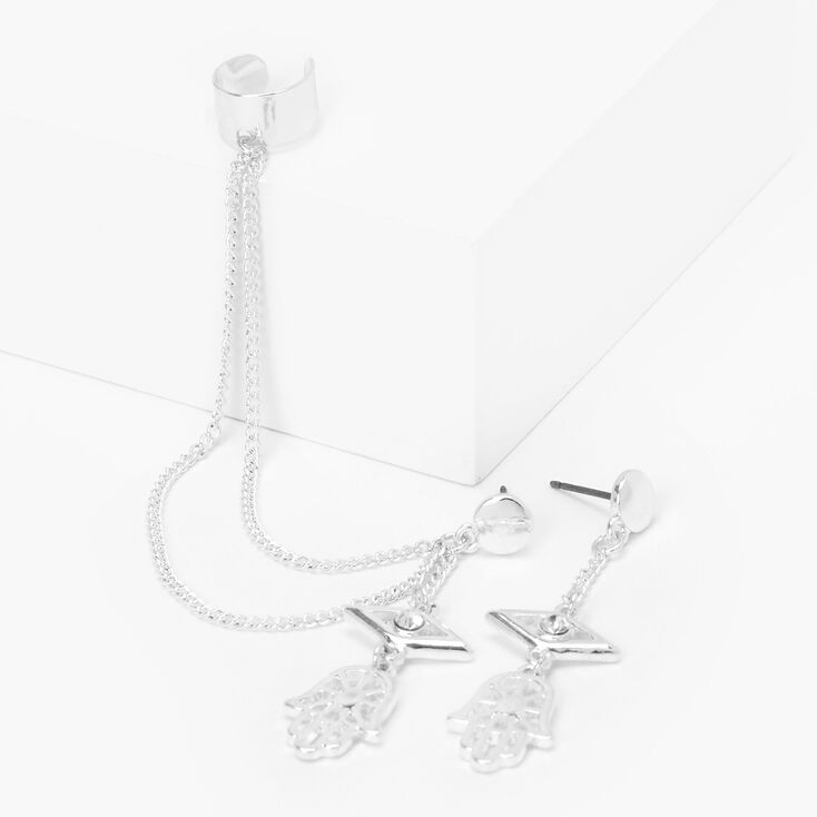 Silver Evil Eye Hamsa Hand Ear Connector Earrings,