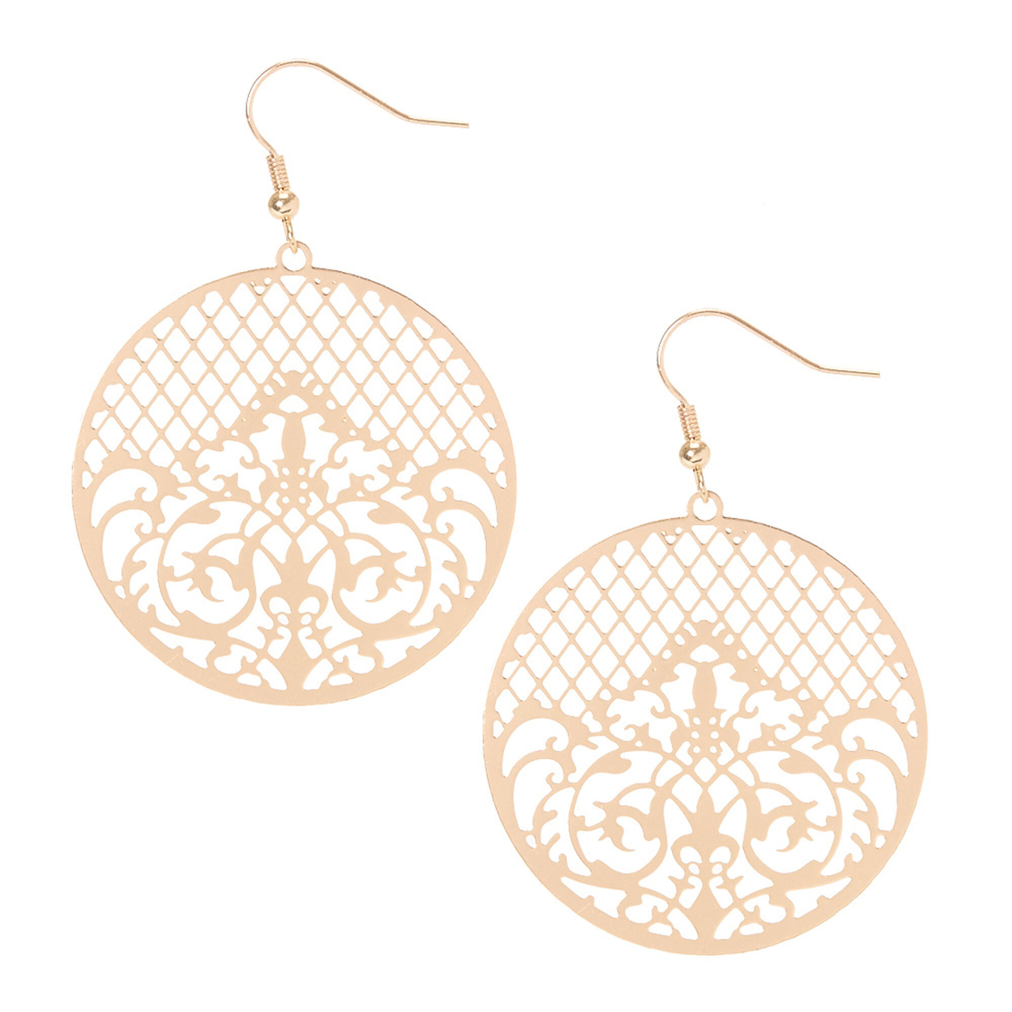 Rose Gold Filigree Medallion Drop Earrings Claire S Rose Gold Filigree Medallion Drop Earrings