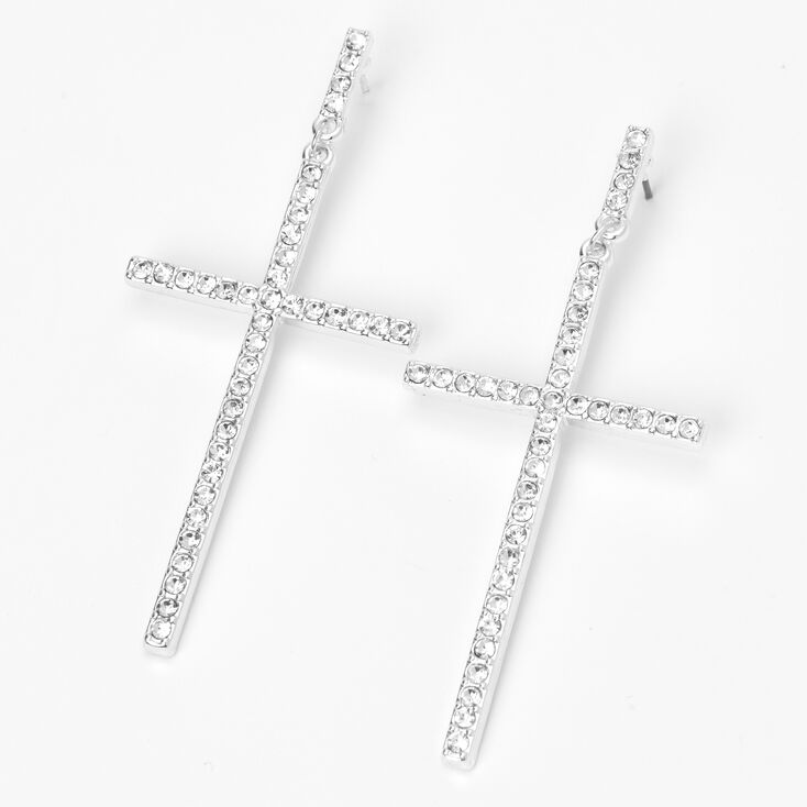 Silver 3&quot; Embellished Cross Drop Earrings,