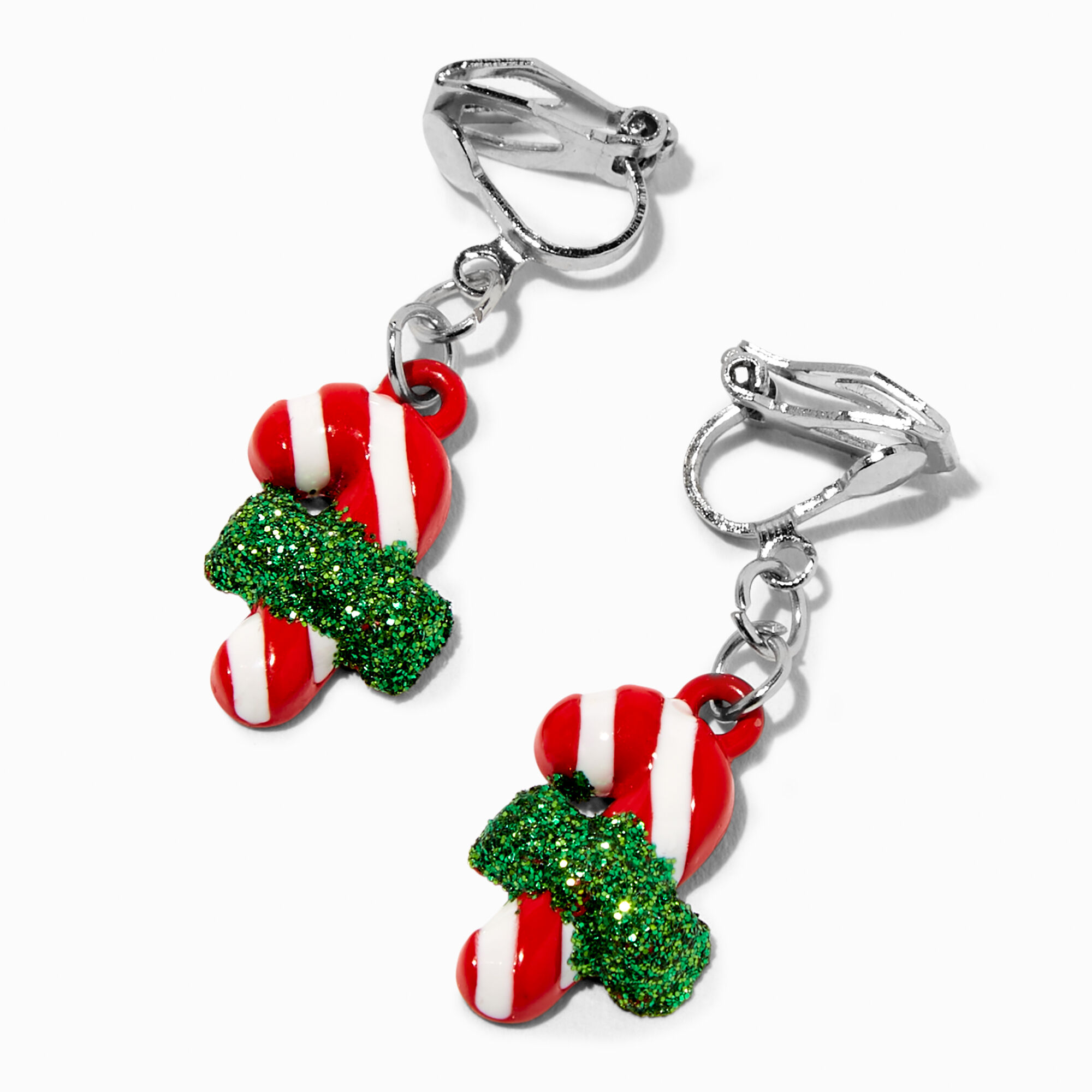 View Claires Glitter Bow Peppermint Stick 1 Clip On Drop Earrings Red information