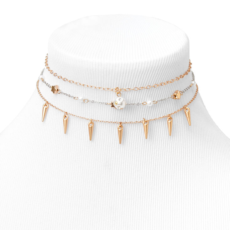 Mixed Metal Spike &amp; Star Charm Choker Necklaces - 3 Pack,
