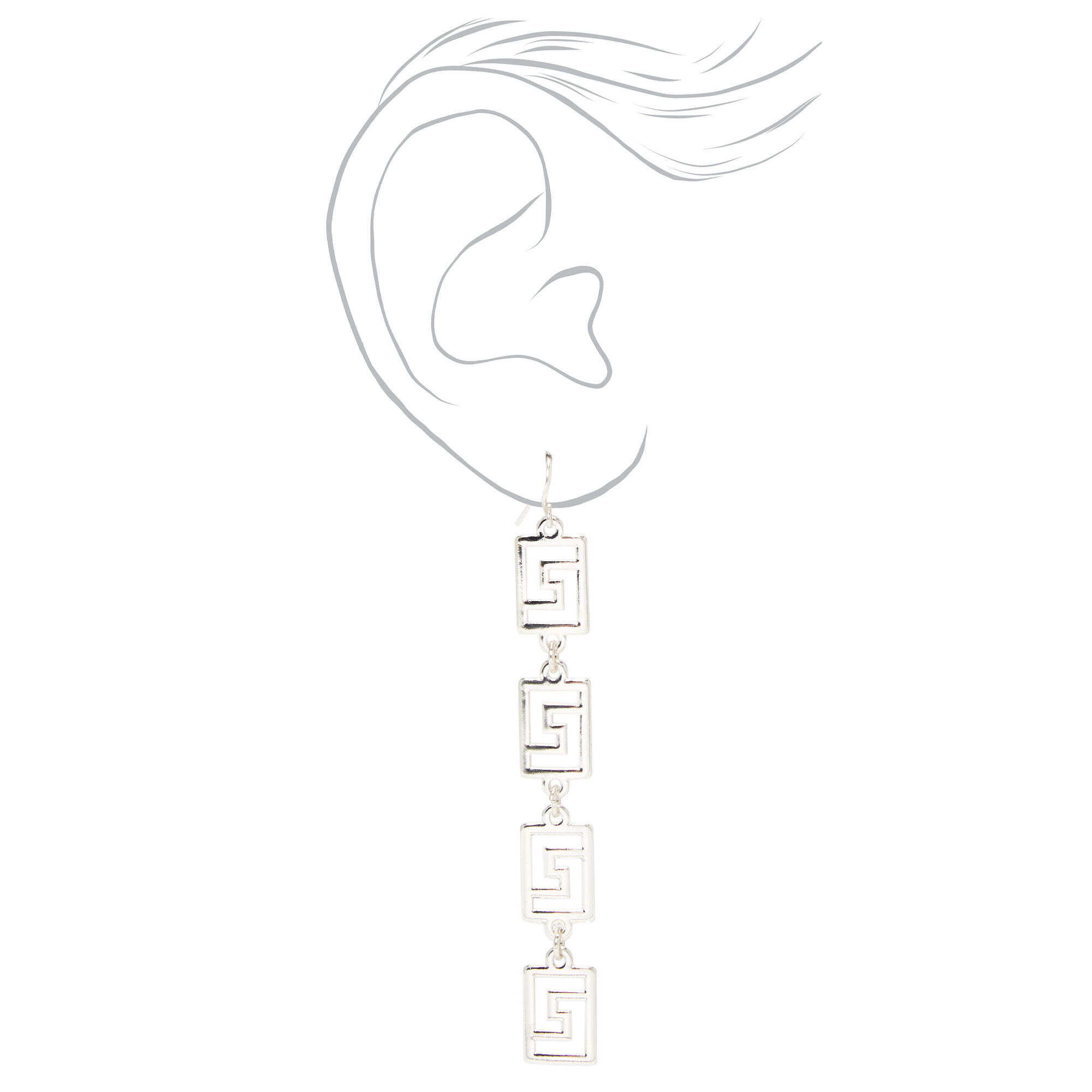 Silver Greek Key 3" Linear Drop Earrings,