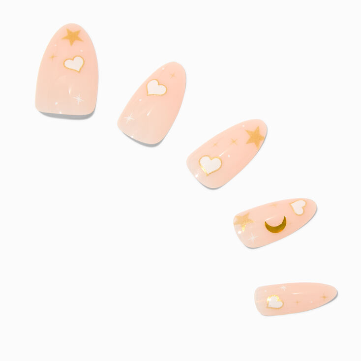 White Heart Stars Long Almond Vegan Faux Nail Set - 24 Pack,