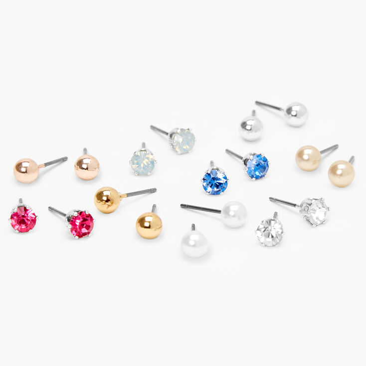 Pearl and Crystal Assorted Stud Earrings - 9 Pack,