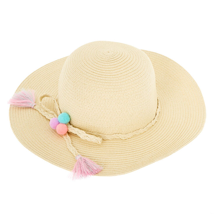 Claire&#39;s Club Pom Pom Floppy Straw Hat - Tan,