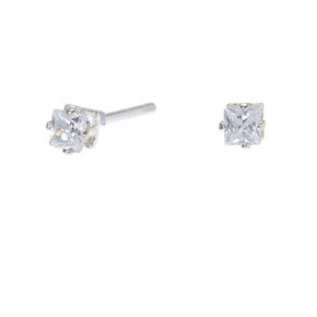 Silver-tone Cubic Zirconia Square Stud Earrings - 3MM,