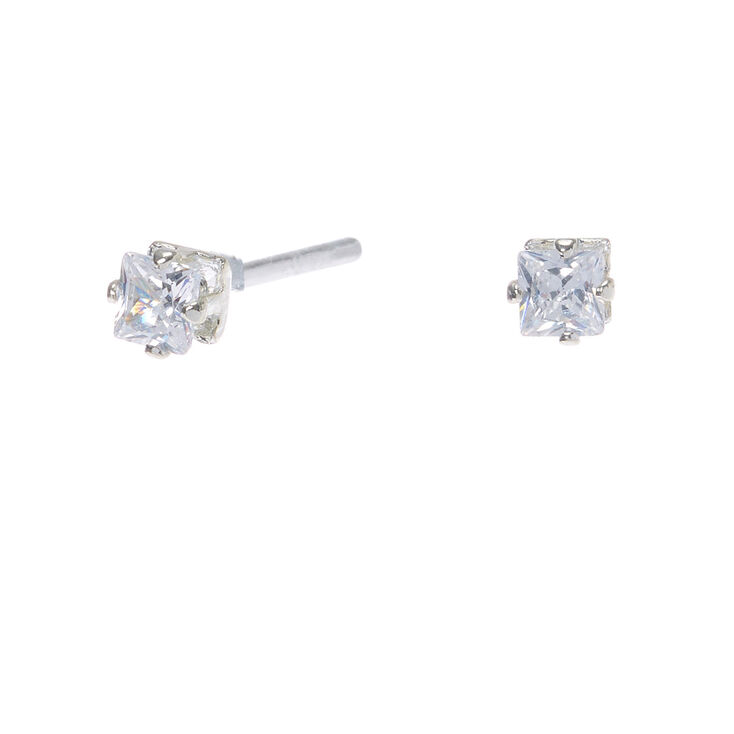 Silver Cubic Zirconia Square Stud Earrings - 3MM,