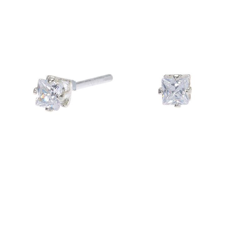 Silver-tone Cubic Zirconia Square Stud Earrings - 3MM,