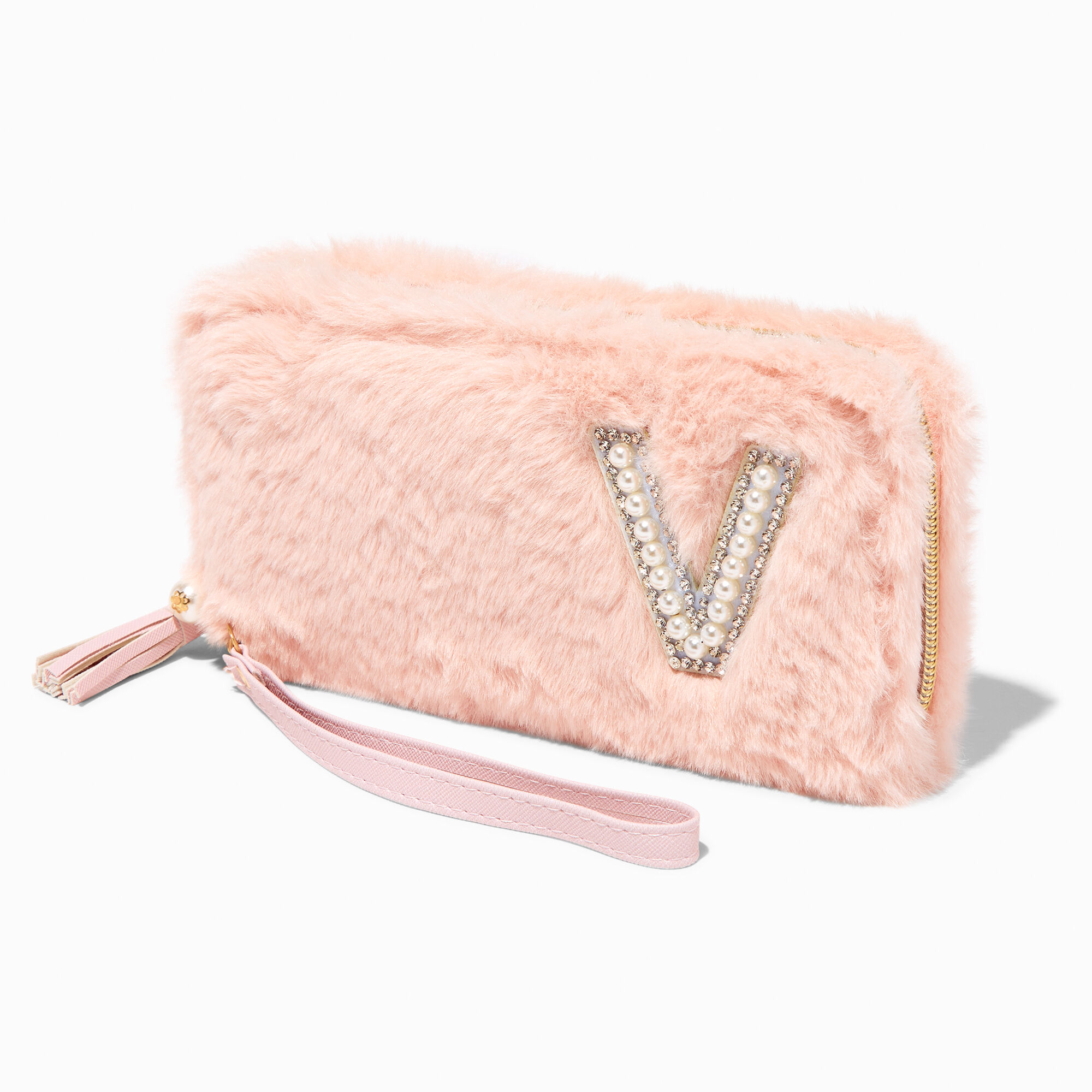 View Claires Blush Furry Pearl Initial Wristlet Wallet V Pink information