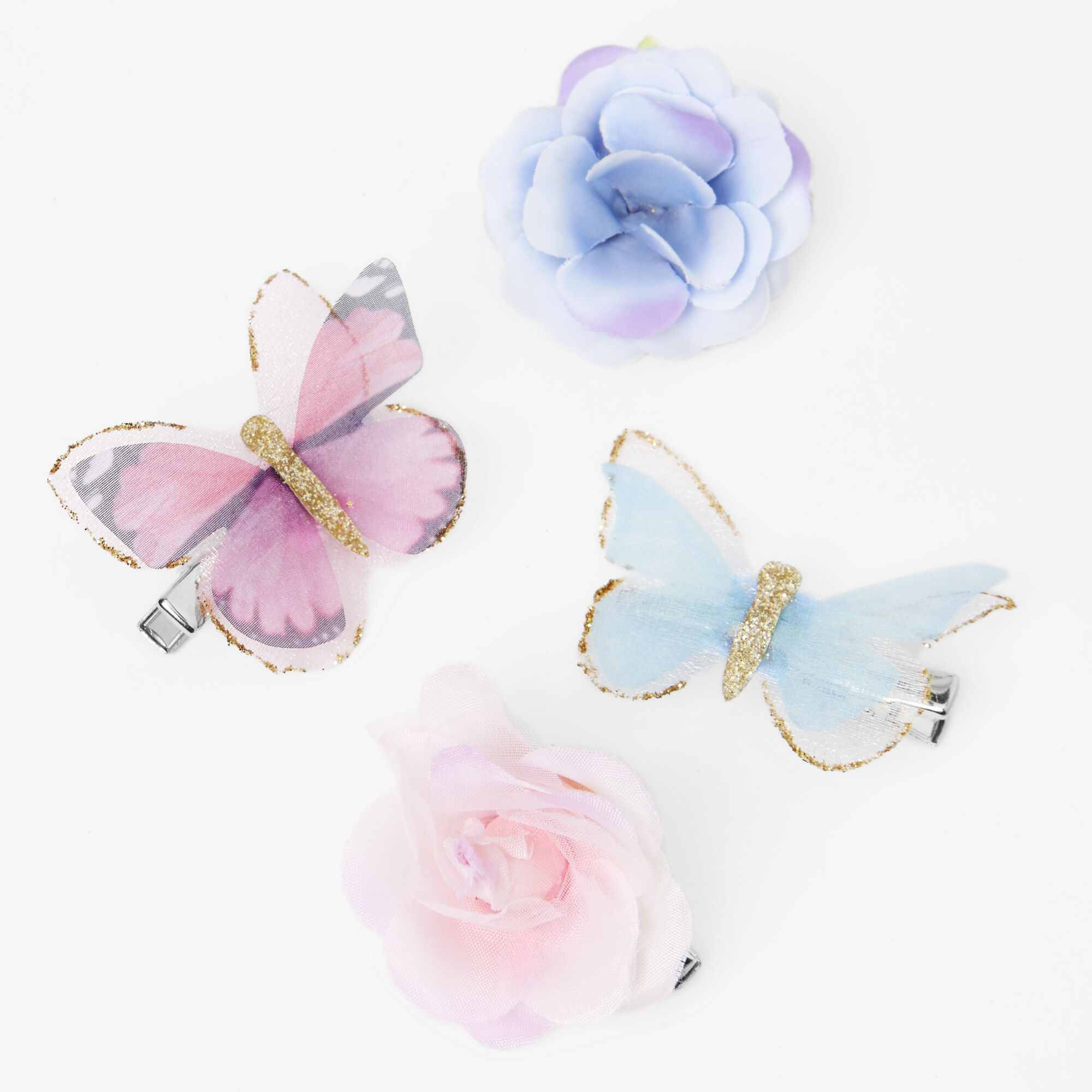 View Claires Club Flower Butterfly Hair Barrettes 4 Pack Blue information