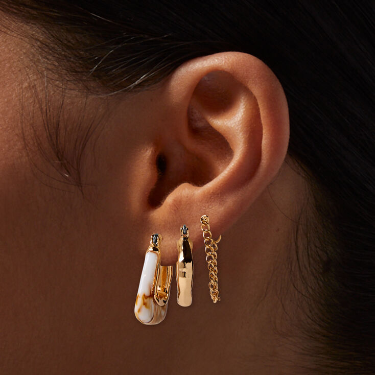 Boucles d&rsquo;oreilles superposables en forme de U effet marbr&eacute; couleur dor&eacute;e - Lot de 3,