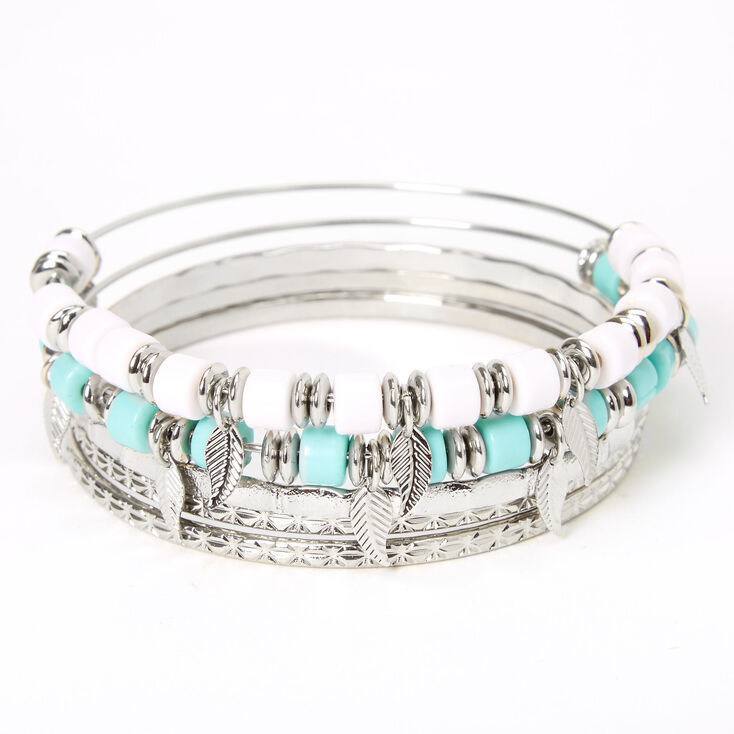 Silver Mint &amp; White Beaded Feather Bangle Bracelets - 5 Pack,
