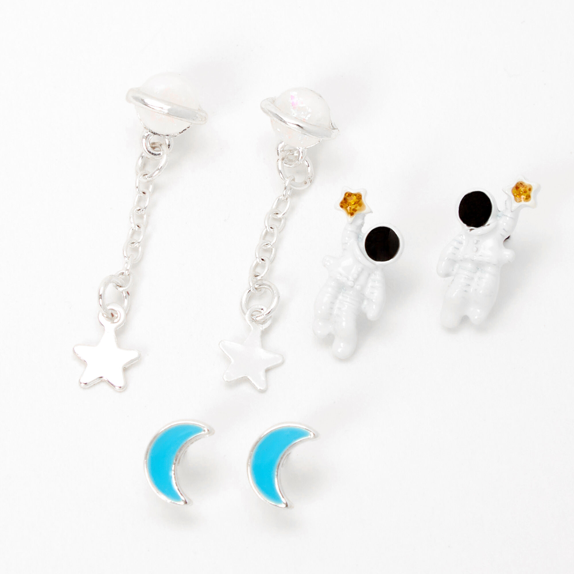 View Claires Astronaut Star Moon Stud Drop Earrings 3 Pack Blue information