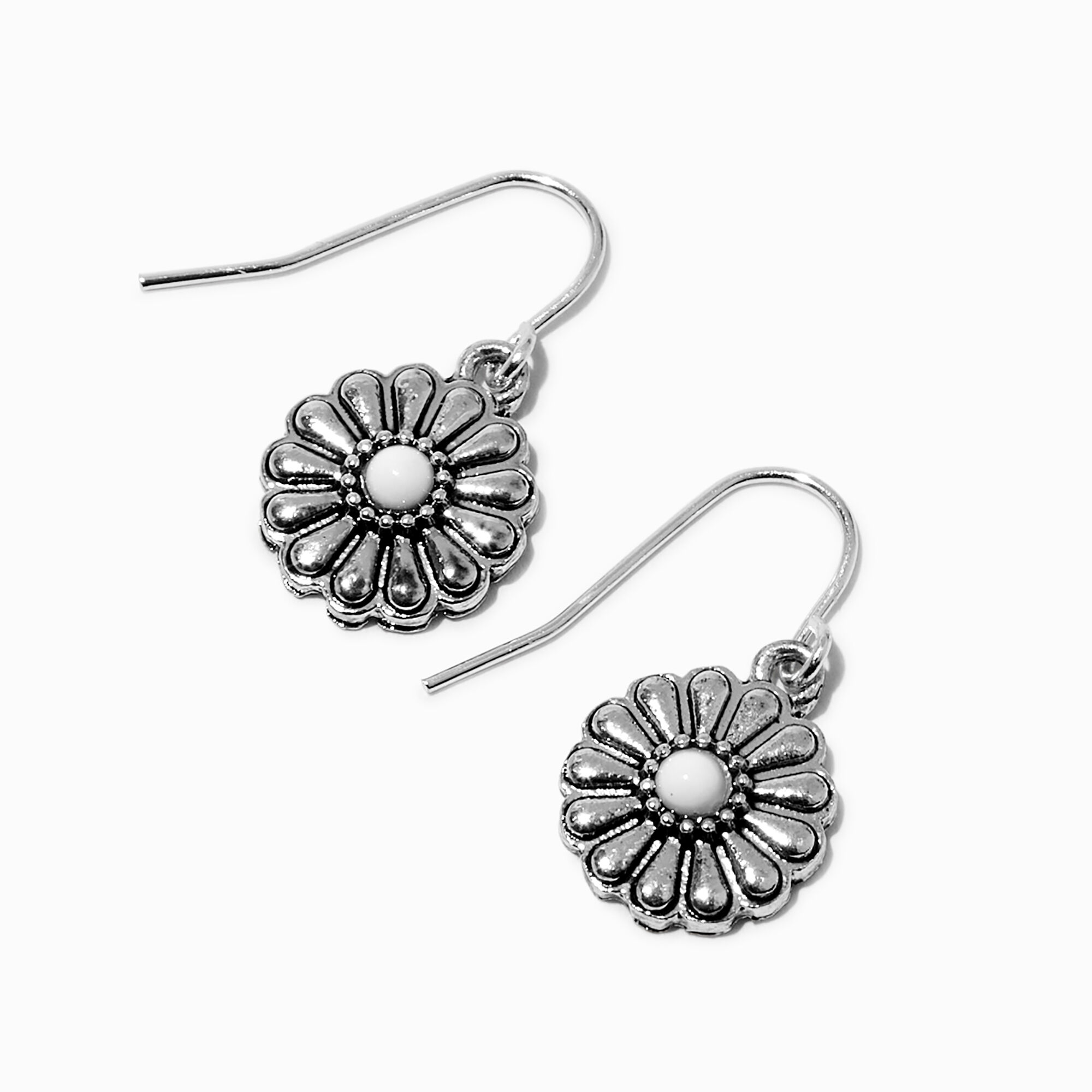 View Claires SilverTone Floral 075 Drop Earrings White information