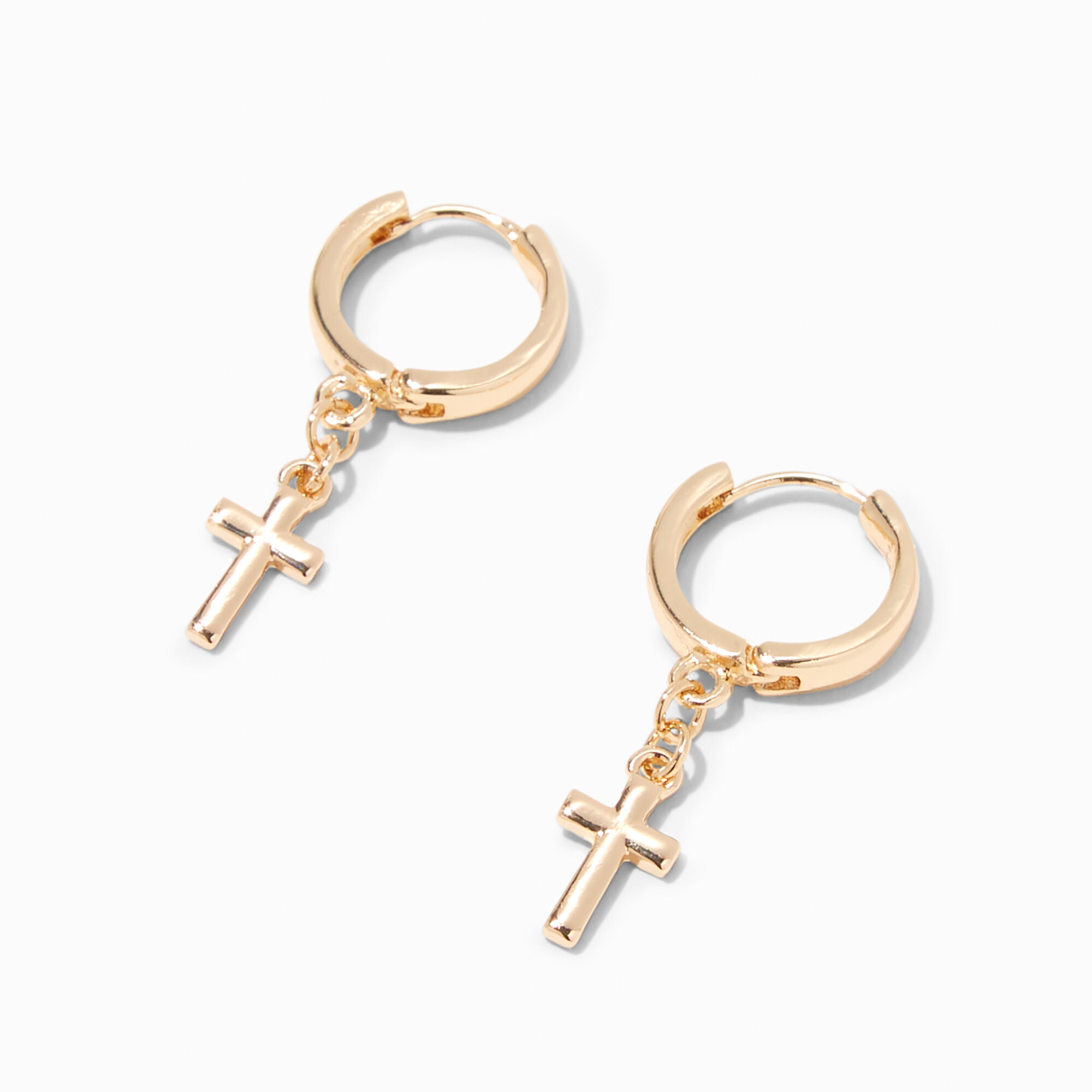 Claire s Recycled Jewellery Gold tone Cross 10MM Huggie Hoop Earrings