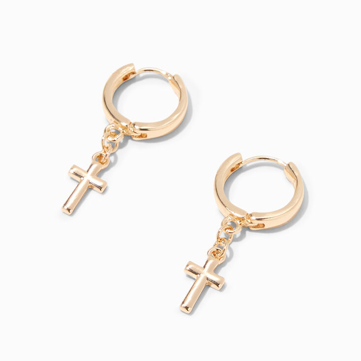 Claire&#39;s Recycled Jewelry Gold-tone Cross 10MM Huggie Hoop Earrings,
