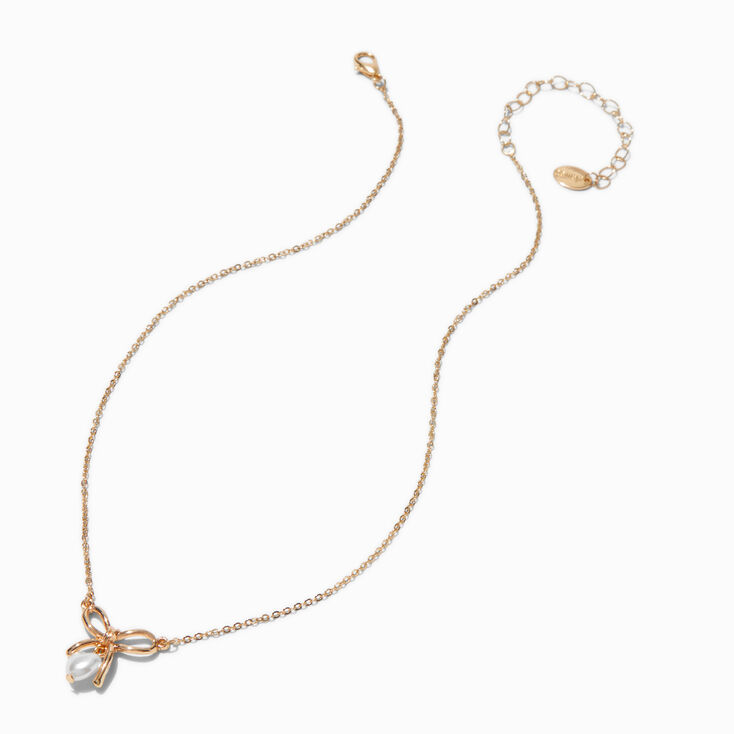 Gold-tone Bow &amp; Heart Pearl Pendant Necklace,