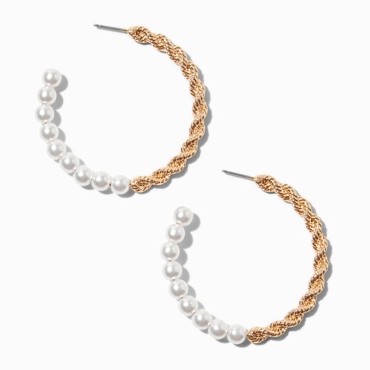 Gold-tone Twisted Pearl 50mm Hoop Earrings,
