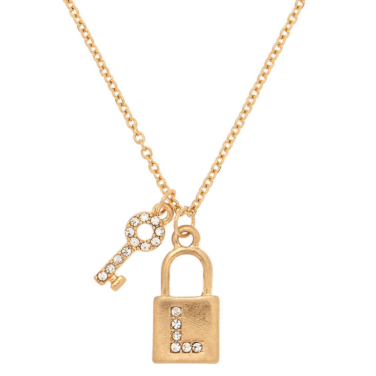 Gold Lock &amp; Key Initial Pendant Necklace - L,