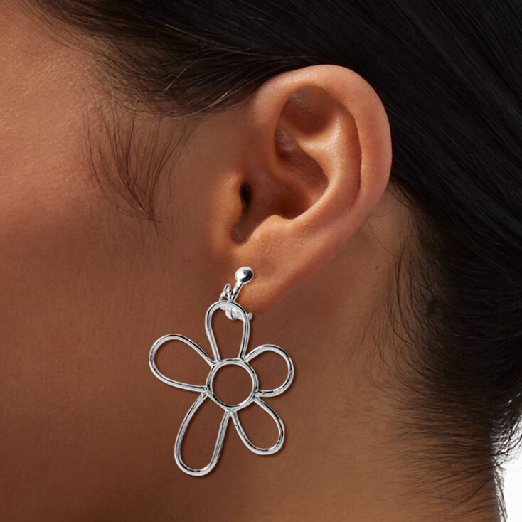 Silver-tone Daisy Outline 1.5&quot; Clip-On Drop Earrings,