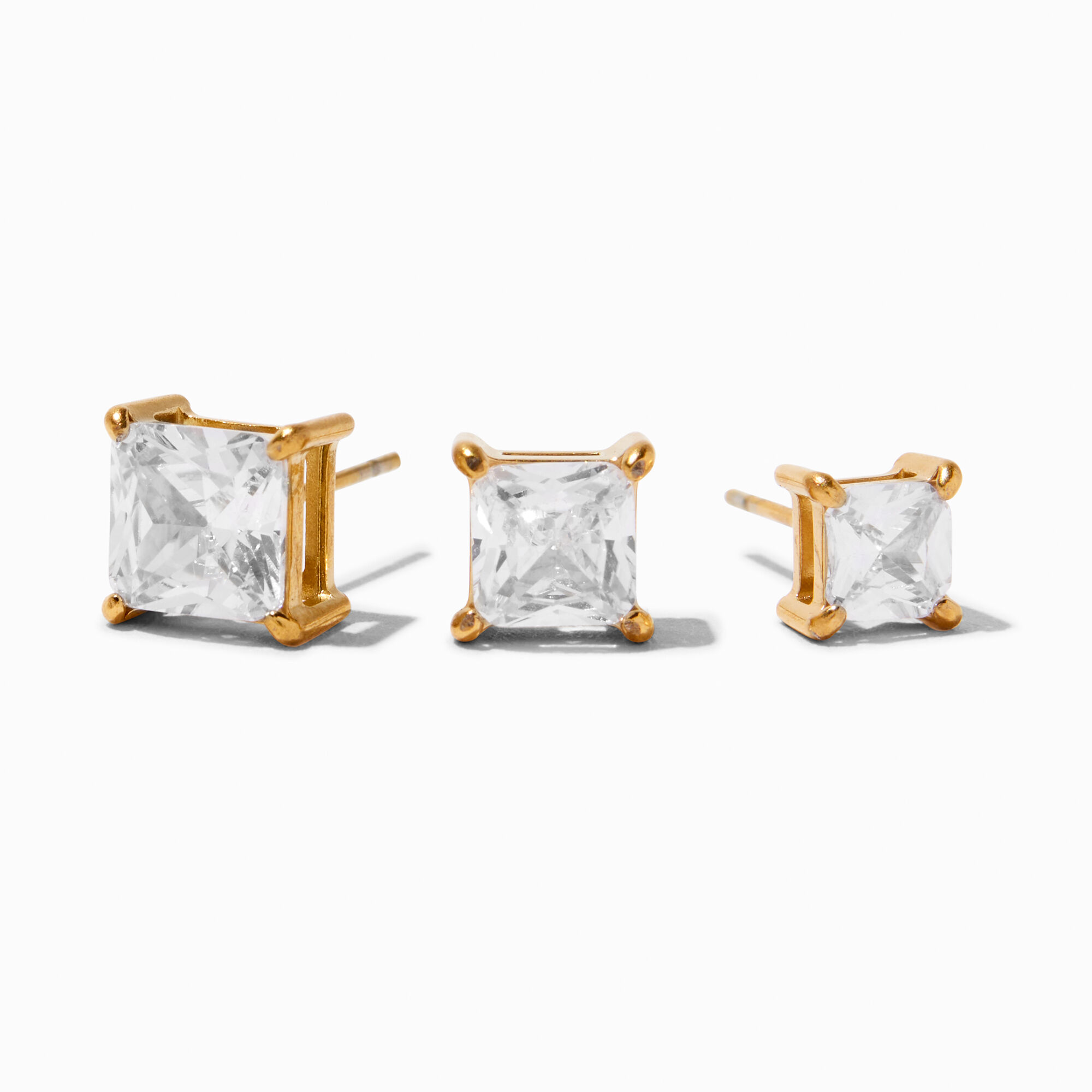View Claires Tone Stainless Steel Cubic Zirconia 5MM6MM7MM Square Stud Earrings 3 Pack Gold information