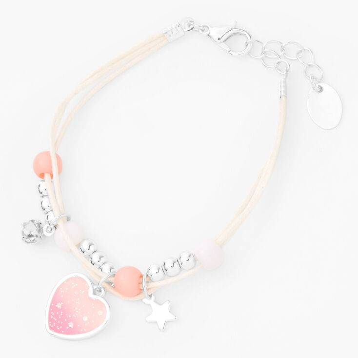 Silver &amp; Pink Heart Charm Multi Strand Bracelet,