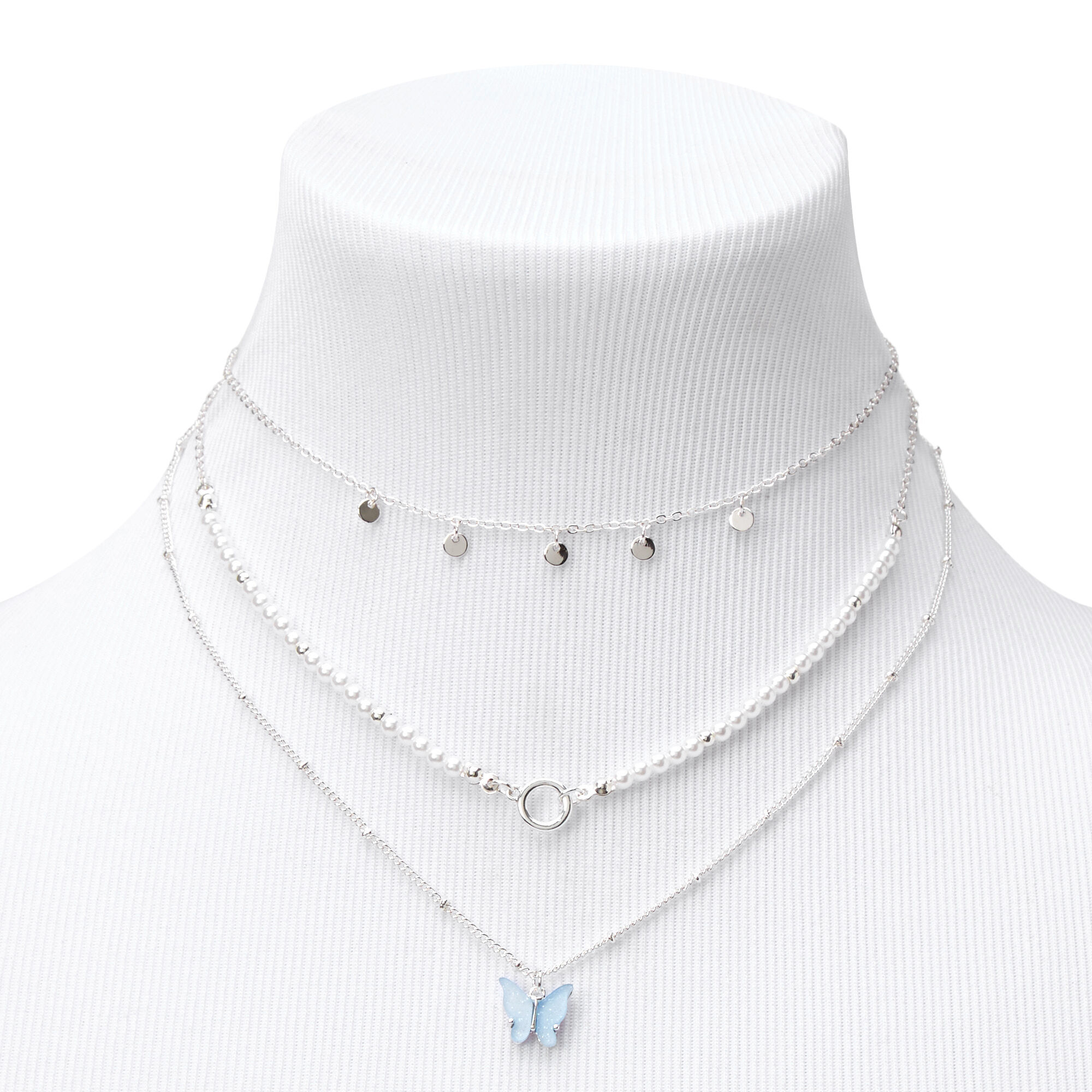 Light Blue Butterfly Multi Strand Silver Chain Necklace,