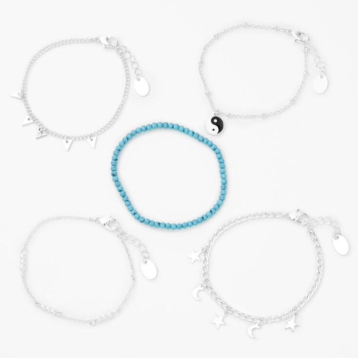 Silver Celestial Yin Yang Beaded Chain Bracelets - Blue, 5 Pack,