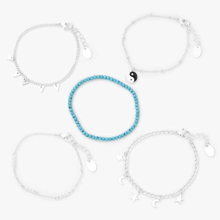 Bracelets de cha&icirc;ne perl&eacute;e yin et yang c&eacute;lestes couleur argent&eacute;e - Bleu, lot de 5,