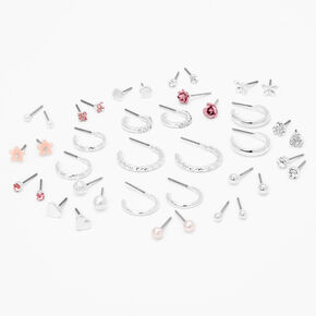 Silver Pretty Pink Earrings Set - 20 Pack,