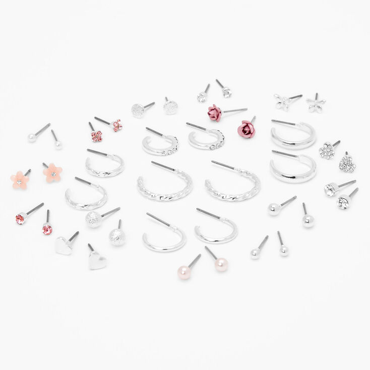 Silver-tone Pretty Pink Earrings Set - 20 Pack,