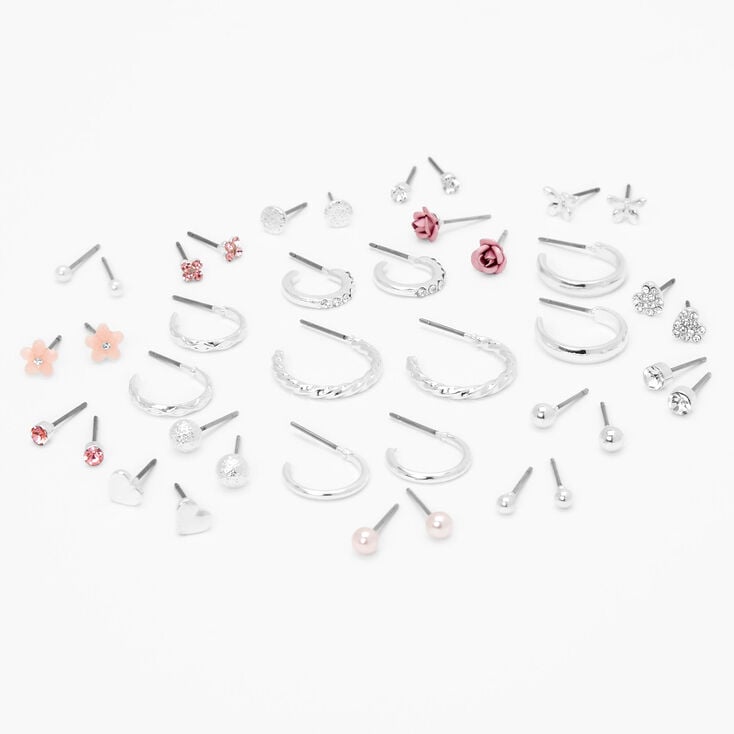 Silver Pretty Pink Earrings Set - 20 Pack,