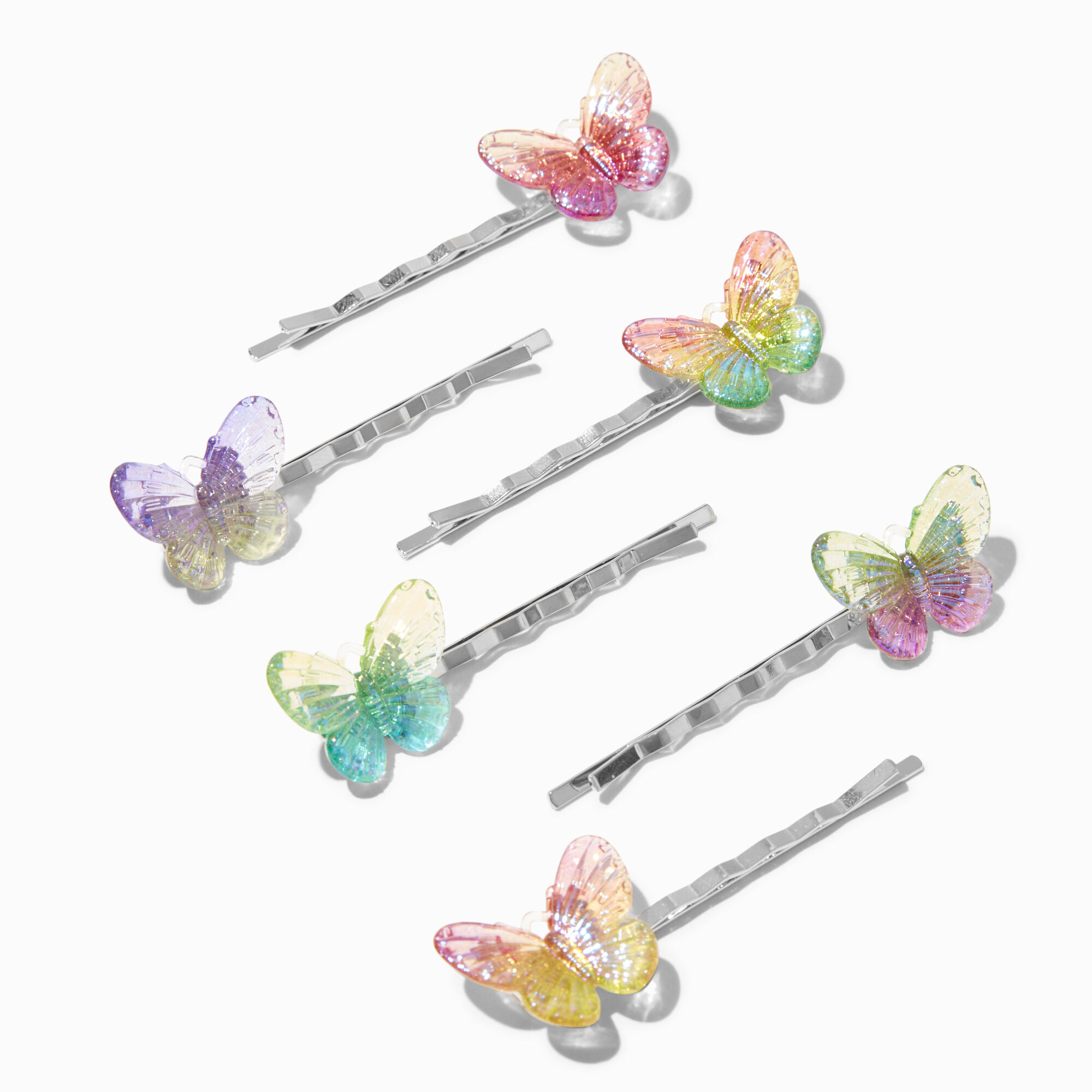 View Claires Holographic Butterfly Hair Pins 6 Pack Rainbow information