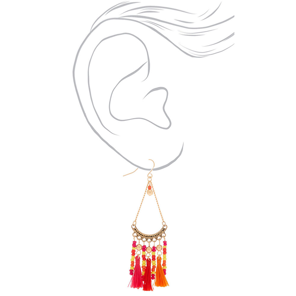Silver 3" Beaded Tassel Drop Earrings - Orange,