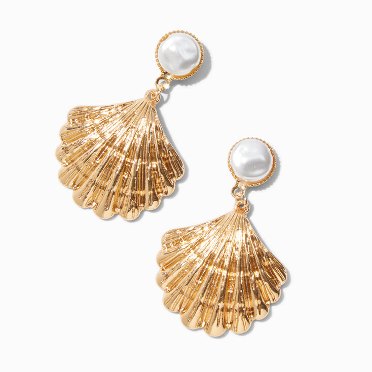 Gold-tone Pearl Seashell Drop Earrings,