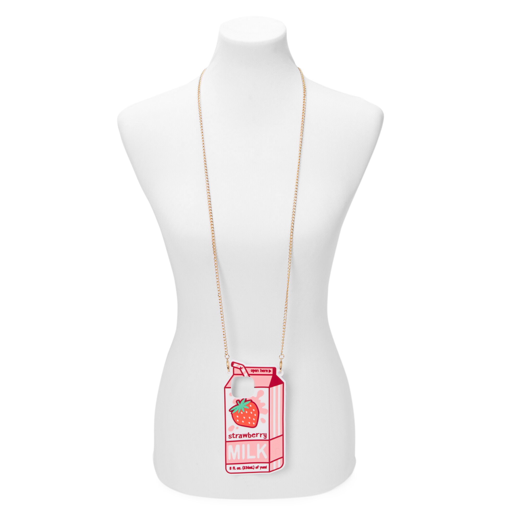 Strawberry Milk Silicone Phone Case with Gold Chain - Fits iPhone 12/12 Pro,