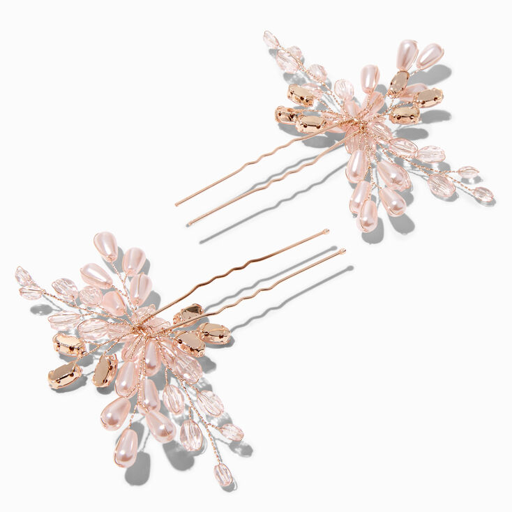 Rose Gold Crystal Spray Floral Hair Pins - 2 Pack,