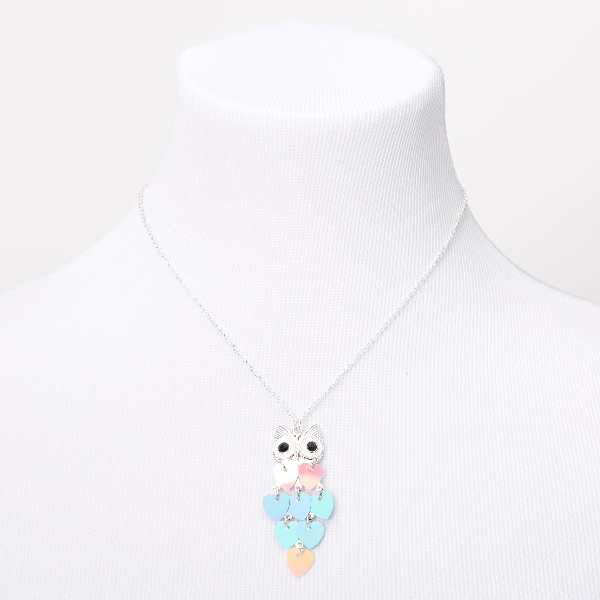 Silver Owl Feather Heart Pendant Necklace,