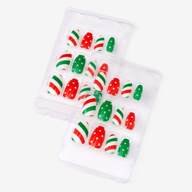 Faux ongles autocollants ballerine &agrave; pois et &agrave; rayures - Lot de 24,