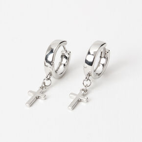 Silver 15MM Cross Huggie Hoop Earrings,