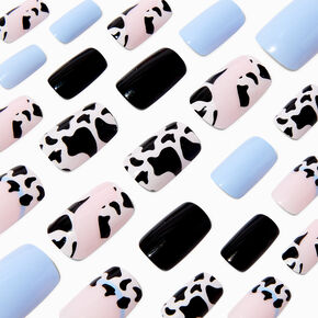 Blue Cow Print Mid Square Vegan Faux Nail Set - 24 Pack,