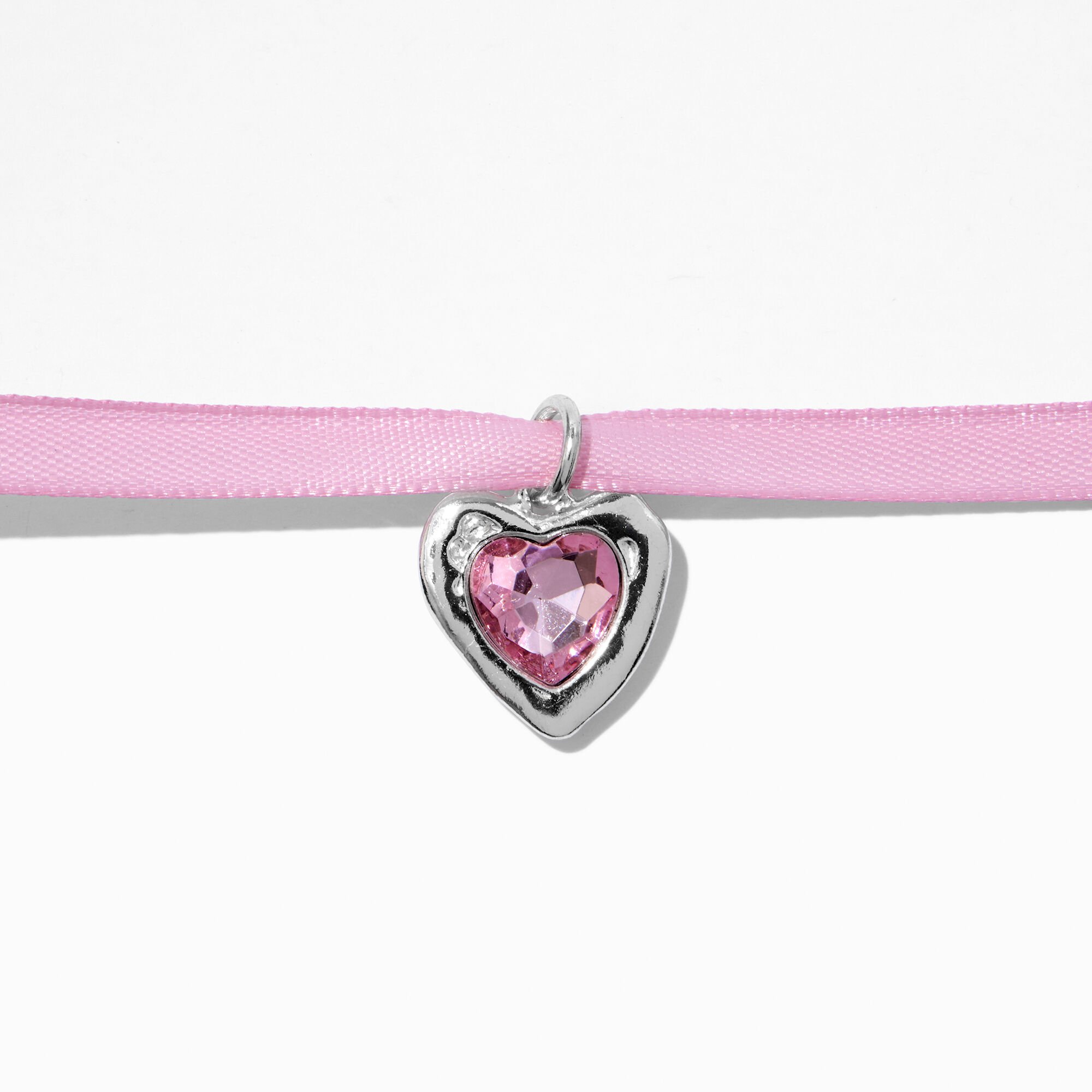 Pink Crystal Heart Pendant Pink Ribbon Choker Necklace Claire s US