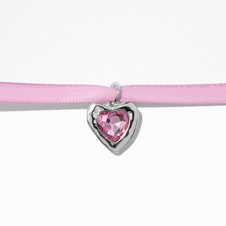 Pink Crystal Heart Pendant Pink Ribbon Choker Necklace ,