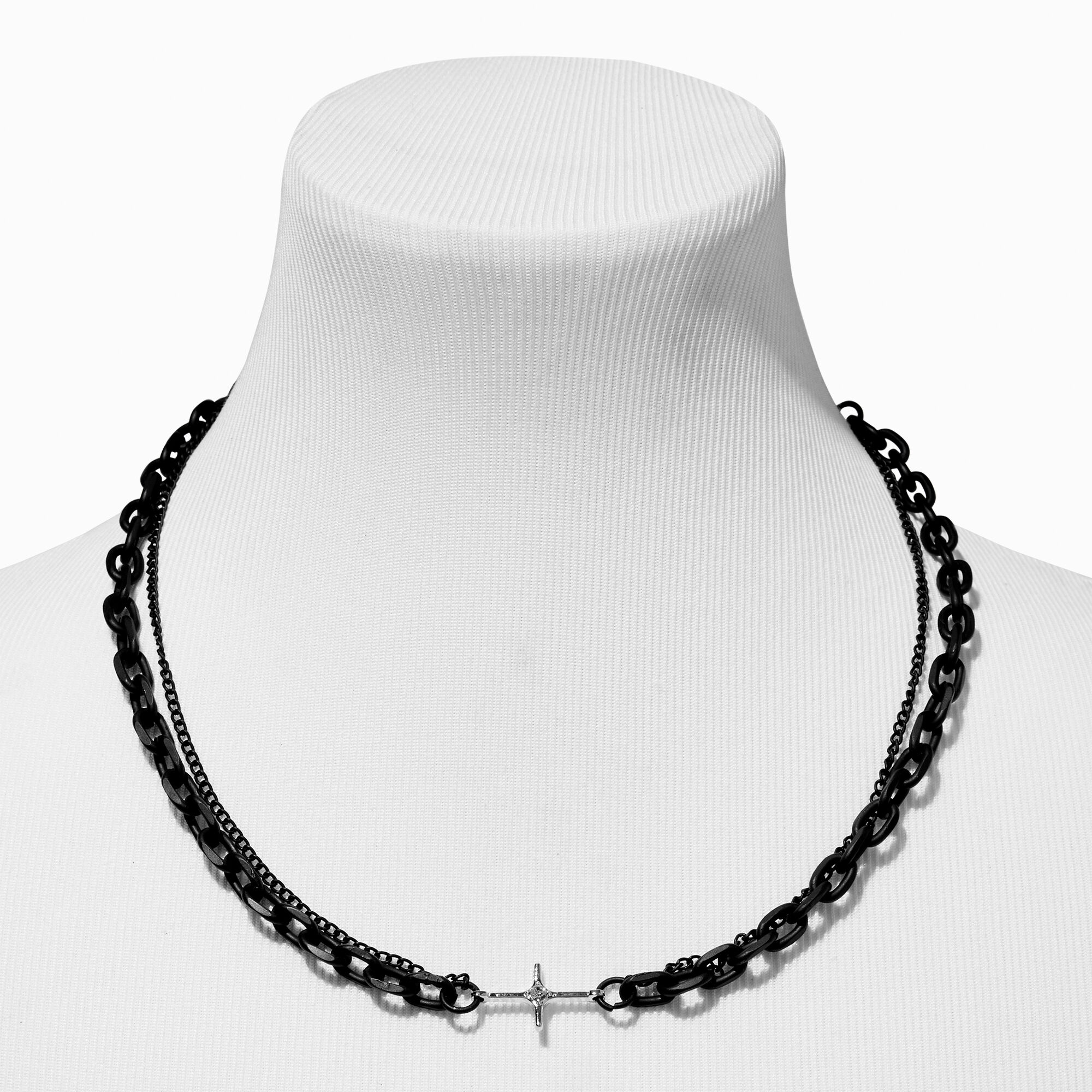 Silver Side Cross Black Chainlink Multi-Strand Necklace,