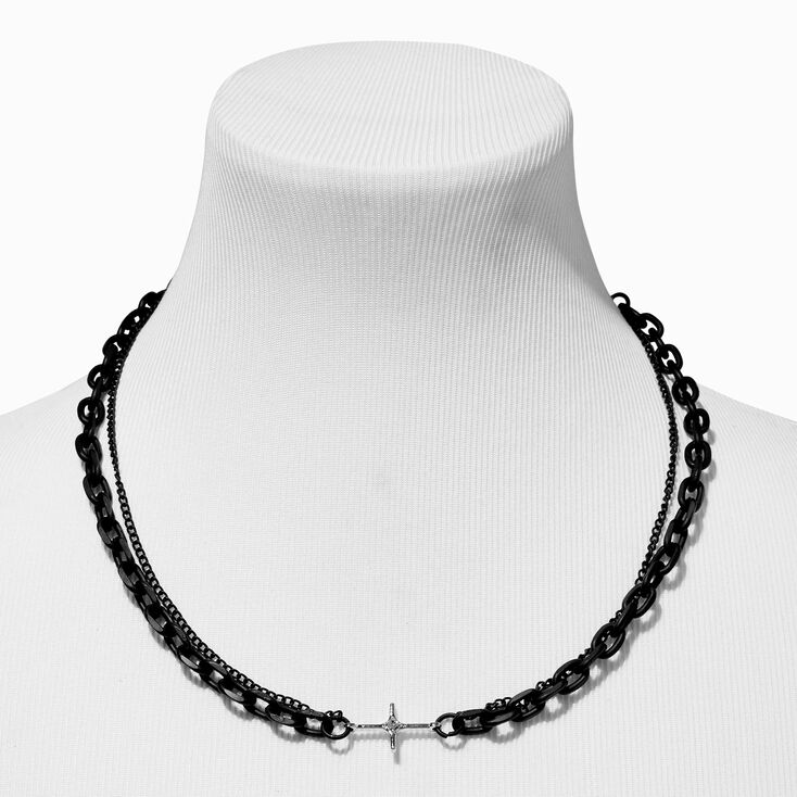 Silver Side Cross Black Chainlink Multi-Strand Necklace,