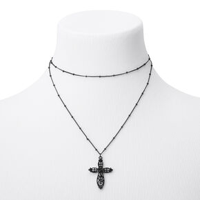 Filigree Cross Multi Strand Necklace - Black,